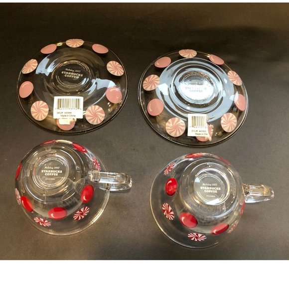 Starbucks Holiday 2007 Peppermint Candy Clear Coffee Mug Set With Saucers - Picture 10 of 16